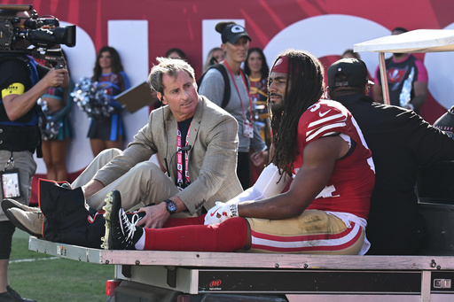 San Francisco 49ers middle linebacker Fred Warner is carted off the field during the first half of an NFL football game against the Tampa Bay Buccaneers in Tampa, Fla., Sunday, Oct. 12, 2025. (AP Photo/Jason Behnken) San Francisco 49ers middle linebacker Fred Warner is carted off the field during the first half of an NFL football game against the Tampa Bay Buccaneers in Tampa, Fla., Sunday, Oct. 12, 2025. (AP Photo/Jason Behnken)