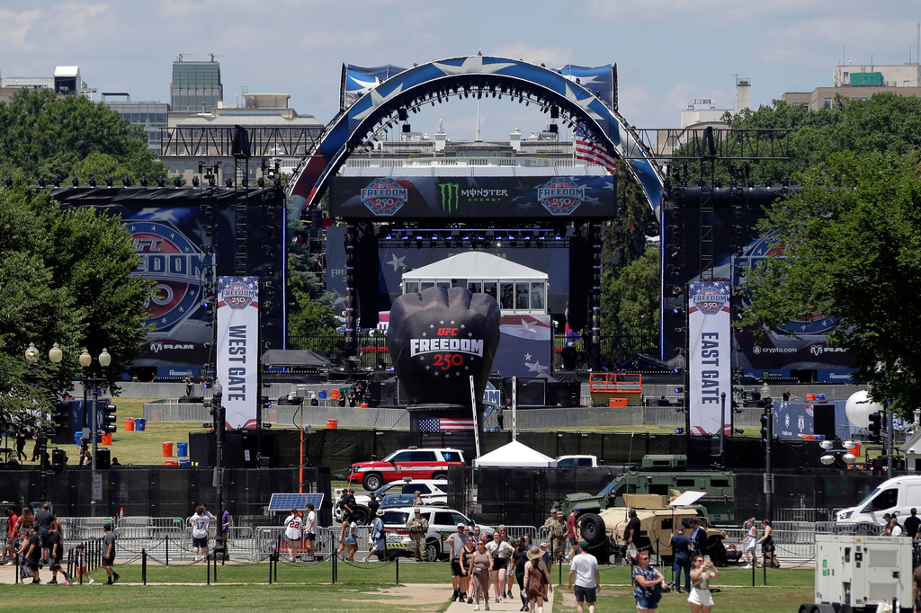 The arena for the UFC Freedom 250 fights is pictured on the South Lawn of the White House, in Washington, Saturday, June 13, 2026. (AP Photo/Rahmat Gul)