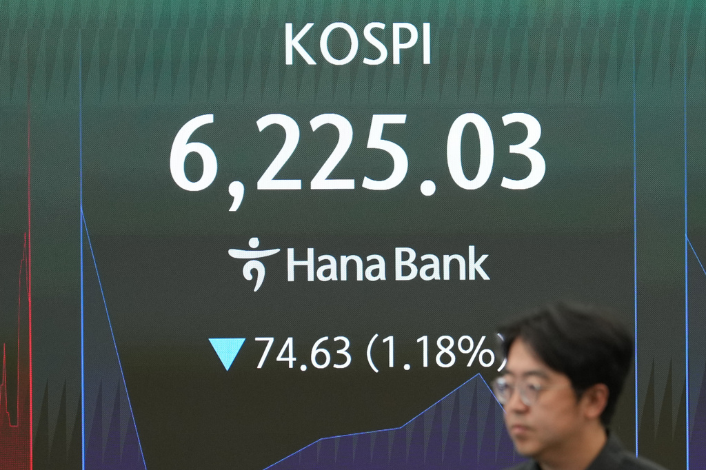 An employee walks past near the screen showing the Korea Composite Stock Price Index (KOSPI) at a dealing room of Hana Bank in Seoul, South Korea, Tuesday, Aug. 11, 2026. (AP Photo/Lee Jin-man)