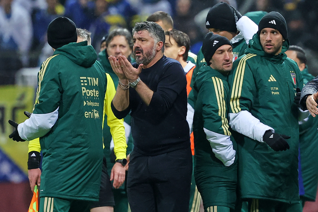 Italy coach Gennaro Gattuso gestures from the touchline during the World Cup qualifying playoff final soccer match between Bosnia and Italy in Zenica, Bosnia, Tuesday, March 31, 2026. (AP Photo/Armin Durgut)