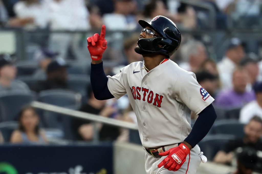 Boston Red Sox's Andruw Monasterio reacts after hitting a solo home run during the fourth inning of a baseball game against the New York Yankees, Friday, June 5, 2026, in New York. (AP Photo/Adam Hunger)