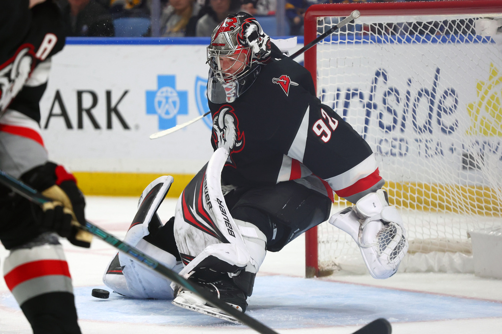 Buffalo Sabres goaltender Colten Ellis (92) makes a pad-save during the second period of an NHL hockey game against the Columbus Blue Jackets, Thursday, April 9, 2026, in Buffalo, N.Y. (AP Photo/Jeffrey T. Barnes)