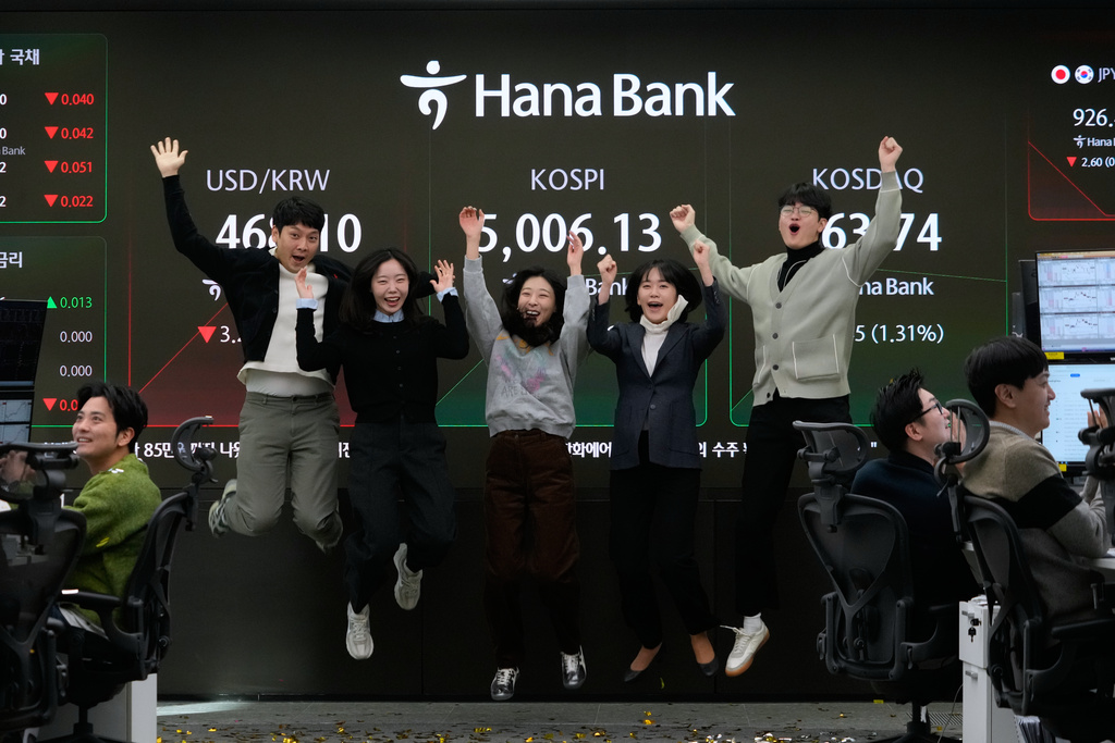 Currency traders celebrate as they work in the office with a screen showing the Korea Composite Stock Price Index (KOSPI), center, of over 5,000 points at the foreign exchange dealing room of the Hana Bank headquarters in Seoul, South Korea, Thursday, Jan. 22, 2026. (AP Photo/Ahn Young-joon)