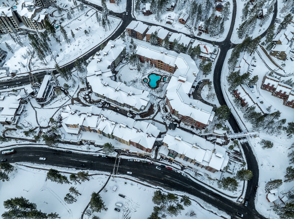 This photo provided by the Mammoth Mountain Ski Resort shows snow covering the resort after a winter storm Sunday, April 12, 2026. (Peter Morning/Mammoth Mountain Ski Resort via AP)
