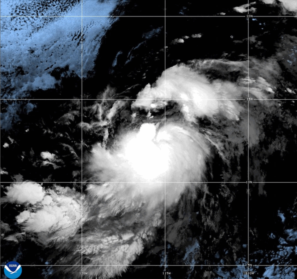 In this satellite image provided by NOAA shows Tropial Storm Gil located south-southwest of the southern Baja California Peninsula on Thursday, July 31, 2025. (NOAA via AP)