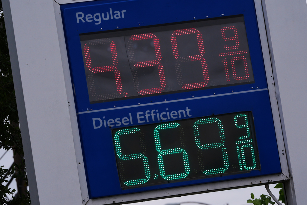 Gas prices are displayed in the Dallas suburb of Richardson, Texas, Wednesday, May 6, 2026. (AP Photo/LM Otero)