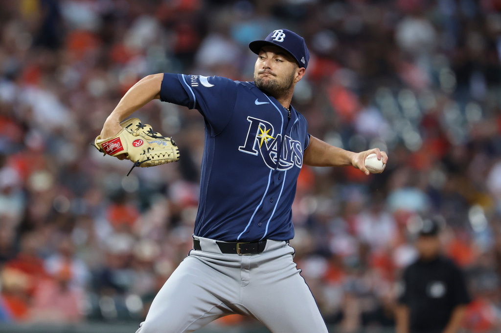 Tampa Bay Rays pitcher Shane McClanahan throws during the second inning of baseball game against the Baltimore Orioles in Baltimore, Saturday, Aug. 22, 2026. (AP Photo/Terrance Williams)
