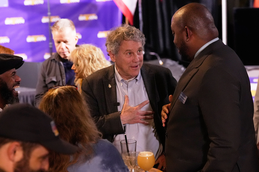 Democratic Ohio Senate candidate Sherrod Brown, a former three-term U.S. senator, speaks with attendees at a primary election night campaign event after winning the party's primary for US Senate in Cleveland, Tuesday, May 5, 2026. (AP Photo/Sue Ogrocki)