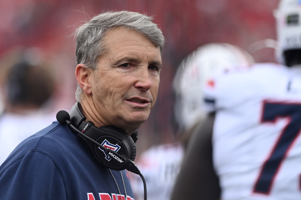 Arizona head coach Brent Brennan walks along the sidelines during the first half of an NCAA college football game against Texas Tech, Saturday, Oct. 31, 2026, in Lubbock, Texas. (AP Photo/Annie Rice)