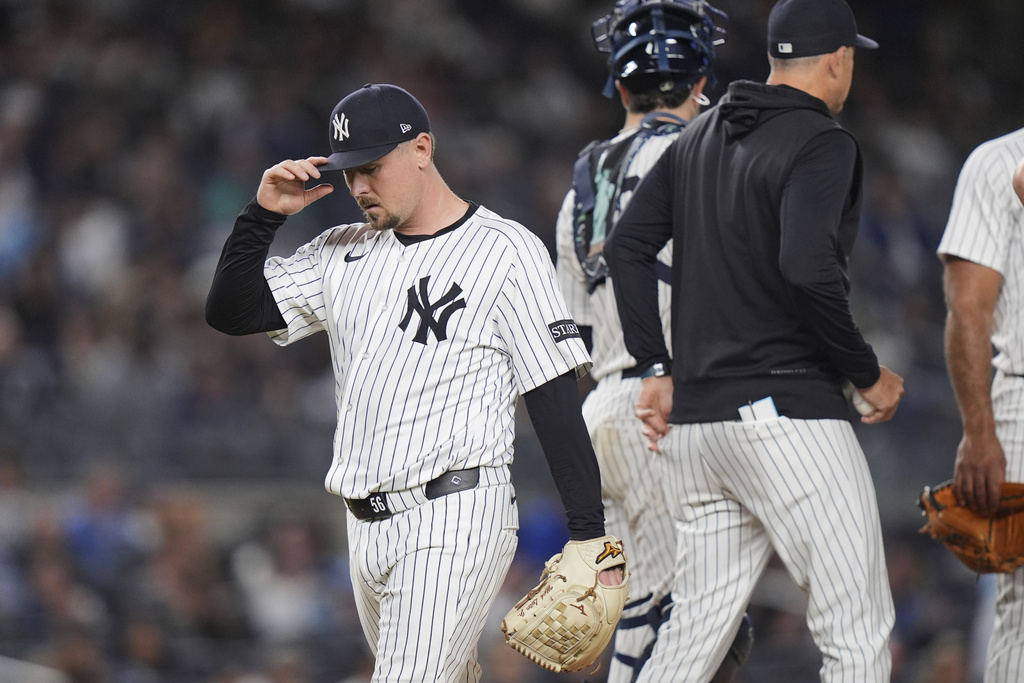 New York Yankees pitcher Mark Leiter Jr. leaves during the seventh inning of a baseball game against the Detroit Tigers Wednesday, Sept. 10, 2025, in New York. (AP Photo/Frank Franklin II)