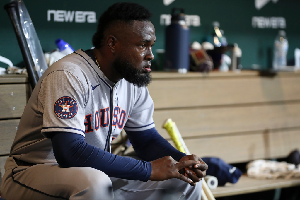 Houston Astros starting pitcher Cristian Javier looks on from the dugout after being pulled during the fifth inning of a baseball game against the Athletics, Tuesday, Sept. 23, 2025, in West Sacramento, Calif. (AP Photo/Scott Marshall)