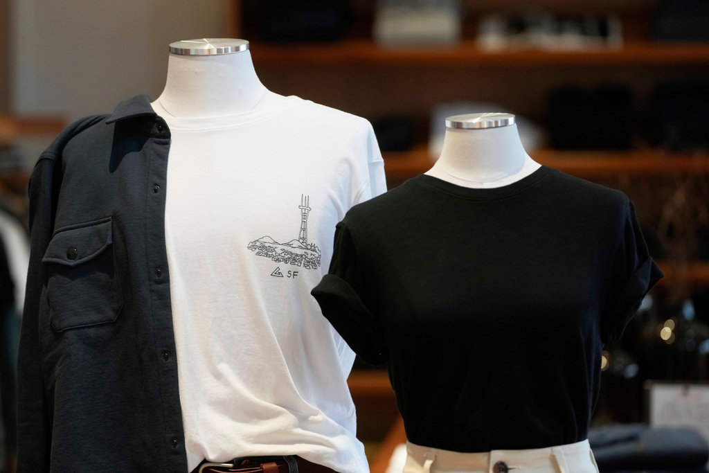 FILE -American Giant clothing is displayed at the company's showroom in San Francisco, April 17, 2025. (AP Photo/Jeff Chiu, File)