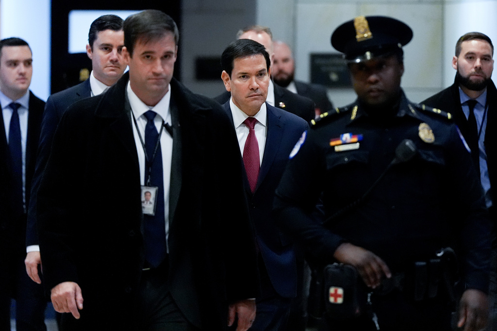 Secretary of State Marco Rubio arrives to brief members of Congress on military strikes near Venezuela, Tuesday, Dec. 16, 2025, at the Capitol in Washington. (AP Photo/Julia Demaree Nikhinson)