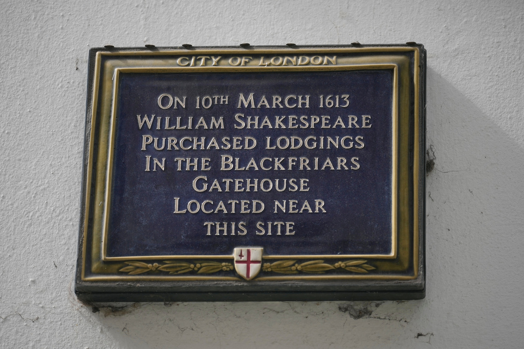 A plaque erected by the City of London to commemorate where William Shakespeare lived on a wall is pictured in London, Wednesday, April 15, 2026, he purchased lodgings in the Blackfriars Gatehouse, which was located close by. (AP Photo/Alastair Grant)