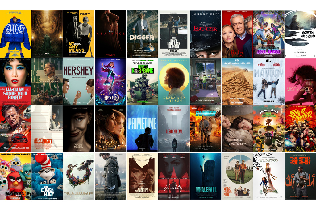 This combination of images shows promotional art for the films, top row from left, "Ali G: Who Iz I?" (Amazon MGM), "Avengers: Doomsday" (Marvel-Disney), "By Any Means" (Paramount), "Clayface" (Warner Bros.), "Digger" (Warner Bros.), "Don't Look Back in Anger" (Disney), "Ebenezer: A Christmas Carol" (Paramount), "Focker-In-Law" (Paramount), "Forgotten Island" (Universal), "Godzilla Minus Zero" (Gkids), second row from left, "Ha-Chan, Shake Your Booty!" (Sony Pictures Classics), "Heart of the Beast" (Paramount), "Hershey" (Angel), "Hexed" (Disney), "How To Rob a Bank" (Amazon MGM), "Klara and the Sun" (Sony Pictures), "Look Back" (Gkids), "Matchbox: The Movie" (Apple), "Mayday" (Apple), "Misty Green" (A24), third row from left, "Mongoose" (Samuel Goldwyn), "Onslaught" (A24), "Other Mommy" (Universal), "Practical Magic 2 (Warner Bros.), "Primetime" (A24), "Resident Evil" (Sony), "Runner" (Angel Studios), "Sense and Sensibility" (Focus Features), "Shaun the Sheep: The Beast of Mossy Bottom” (Gkids), "Street Fighter" (Paramount), bottom row from left, "The Angry Birds Movie 3" (Paramount), "The Cat in the Hat" (Warner Bros.), "The Hunger Games: Sunrise on the Reaping" (Lionsgate), "The Uprising" (Focus), "The Weight" (Vertical), "Verity" (Amazon MGM), "Whalefall" (20th Century Studios), "Wild Horse Nine" (Searchlight), "Wildwood" (LAIKA) and "Your Mother Your Mother Your Mother" (Amazon/MGM). (AP Photo)