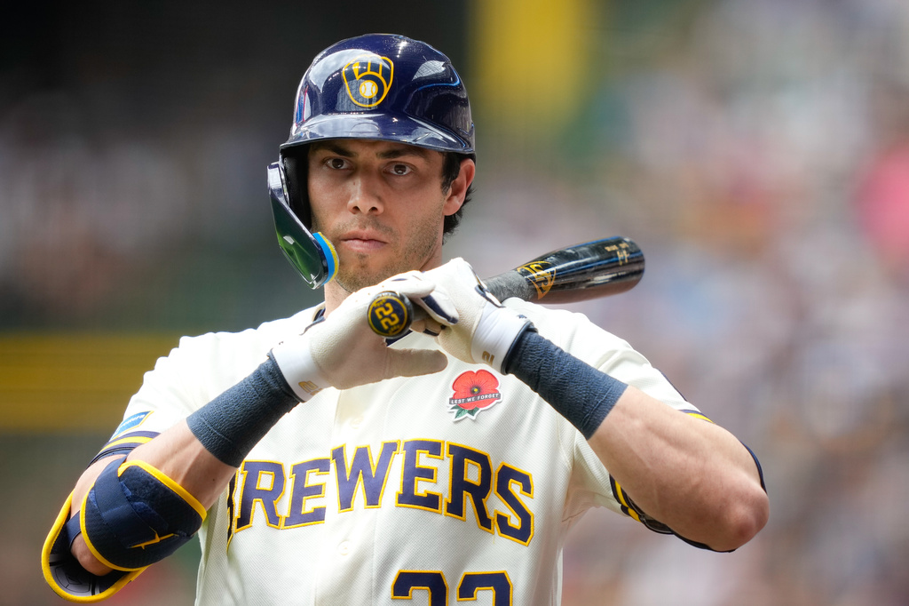 Milwaukee Brewers designated hitter Christian Yelich looks on during the first inning of a baseball game against the St. Louis Cardinals Monday, May 25, 2026, in Milwaukee. (AP Photo/Kayla Wolf)