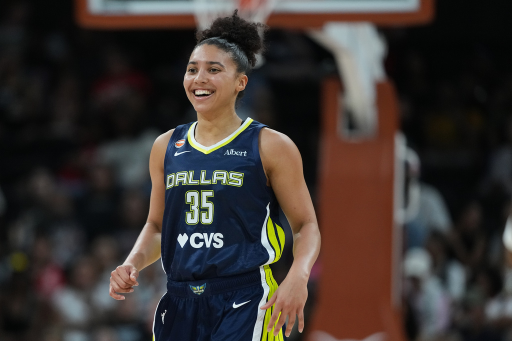 Dallas Wings guard Azzi Fudd (35) reacts to a play during the second half of a WNBA preseason basketball game against the Las Vegas Aces in Austin, Texas, Sunday, May 3, 2026. (AP Photo/Eric Gay)