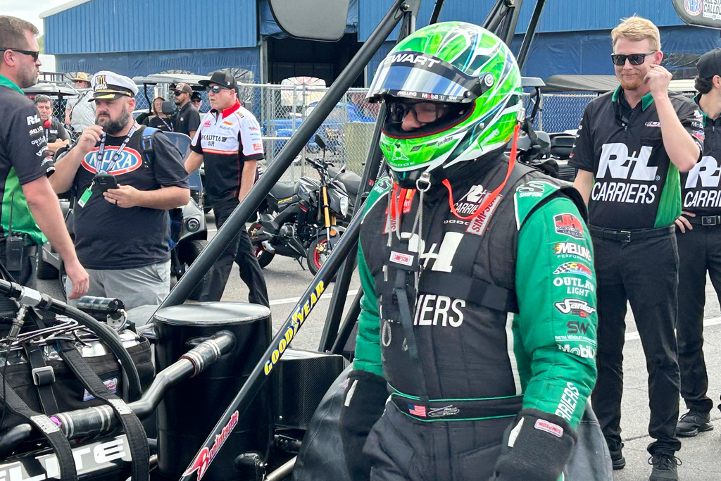 NHRA driver Tony Stewart gets ready for a qualifying run at the Gatornationals, Saturday, March 7, 2026, in Gainesville, Fla. (AP Photo/Mark Long)