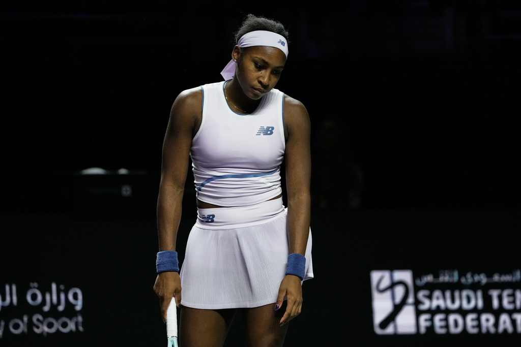 Coco Gauff of the United States reacts during the women's singles match against Aryna Sabalenka of Belarus at the WTA tennis finals in Riyadh, Saudi Arabia, Thursday, Nov. 6, 2025. (AP Photo/Fatima Shbair)