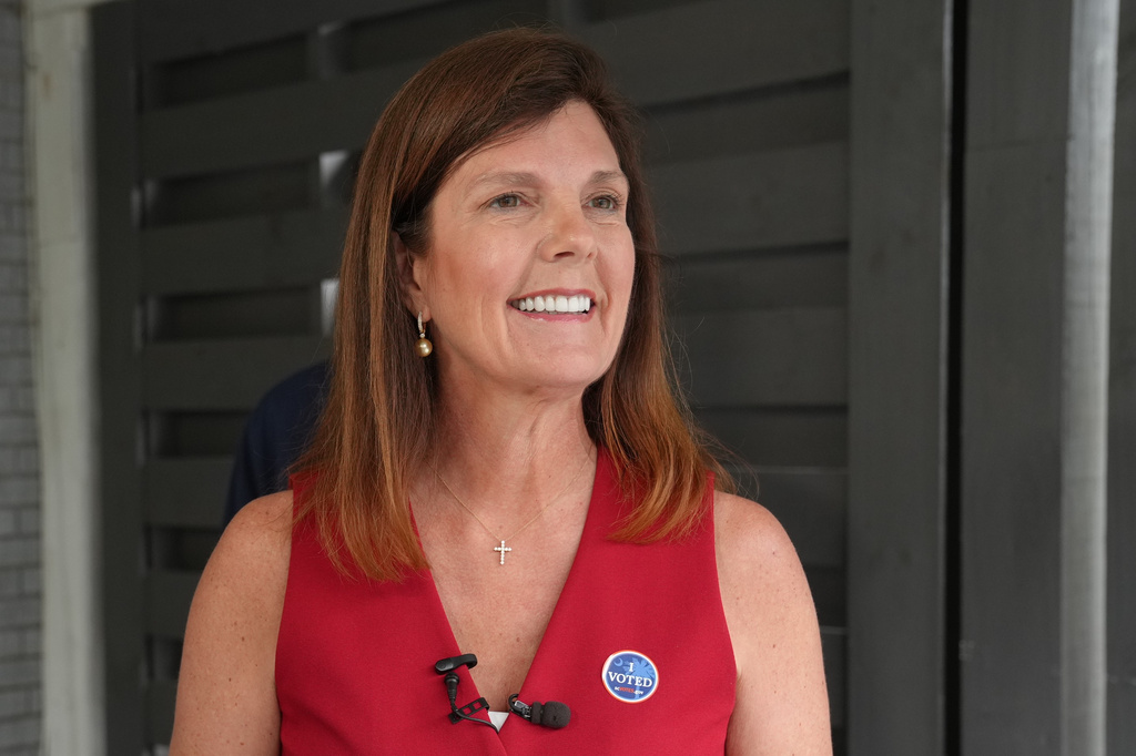 South Carolina Lt. Gov. Pamela Evette speaks to reporters about her gubernatorial campaign after casting her ballot in the GOP primary on Tuesday, June 9, 2026, in Taylors, S.C. (AP Photo/Meg Kinnard)