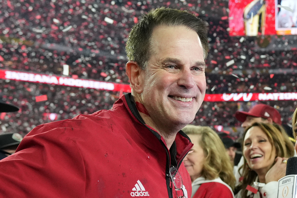 Indiana head coach Curt Cignetti smiles after their win against Miami in the College Football Playoff national championship game, Monday, Jan. 19, 2026, in Miami Gardens, Fla. (AP Photo/Rebecca Blackwell)