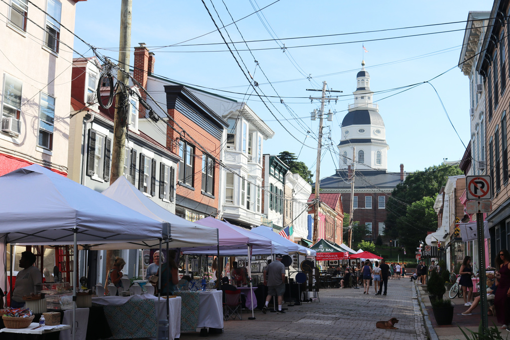 Visitors attend a street fair outside the Maryland State House in Annapolis, Md., Saturday, June 13, 2026. (AP Photo/Robert Yoon)