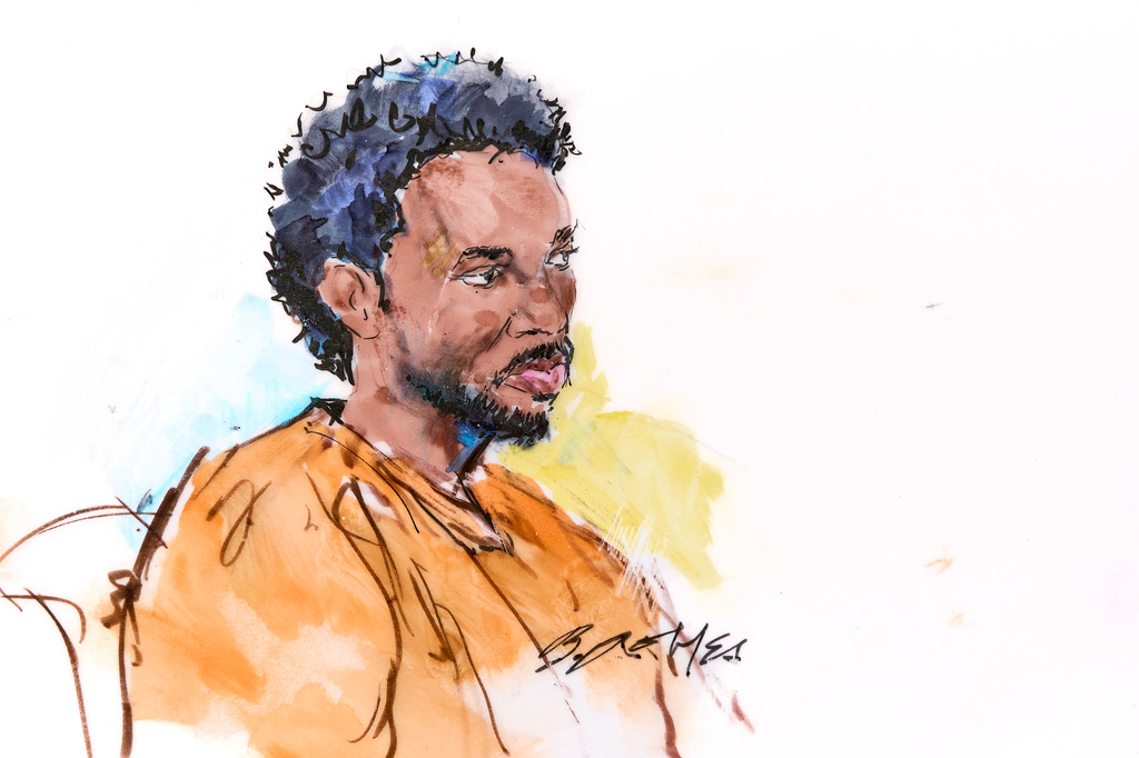 In this courtroom sketch, David Anthony Burke, whose stage name is D4vd, is seen in court Thursday, April 23, 2026, in Los Angeles on charges of killing a 14-year-old girl whose dismembered body was found in his car. (Bill Robles via AP)