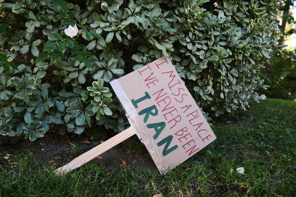 Signs from a Sunday protest, supporting protesters in Iran, are left on a yard Monday, Jan. 12, 2026, in Los Angeles. (AP Photo/Damian Dovarganes)