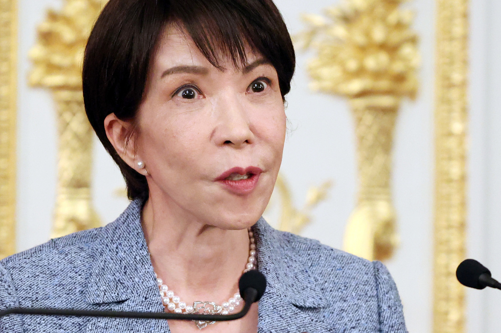 Japanese Prime Minister Sanae Takaichi announces a statement after she talked with Indonesian President Prabowo Subianto at the Akasaka guesthouse in Tokyo Tuesday, March 31, 2026. (Yoshikazu Tsuno/Pool Photo via AP)