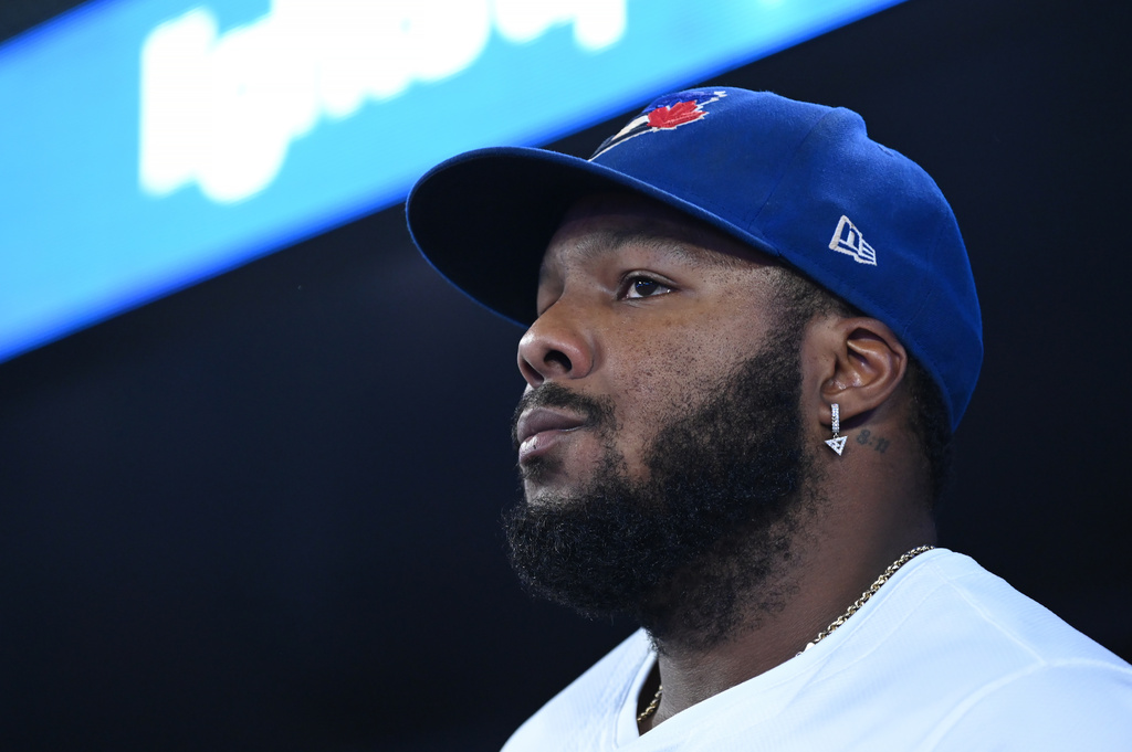 Toronto Blue Jays first baseman Vladimir Guerrero Jr. (27) looks on before taking the field against the Boston Red Sox in American League baseball action in Toronto on Tuesday, Sept. 23, 2025. (Jon Blacker/The Canadian Press via AP)