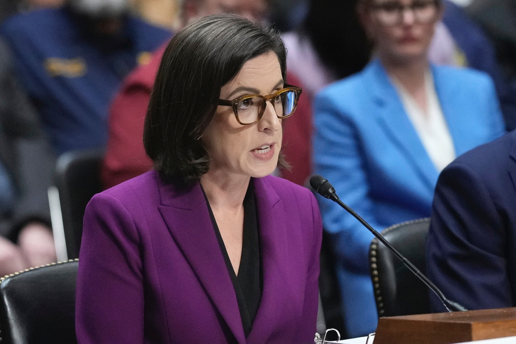 FILE - Former Justice Department attorneys Liz Oyer participates in a hearing on the Justice Department on Capitol Hill in Washington, April 7, 2025. (AP Photo/J. Scott Applewhite, File)