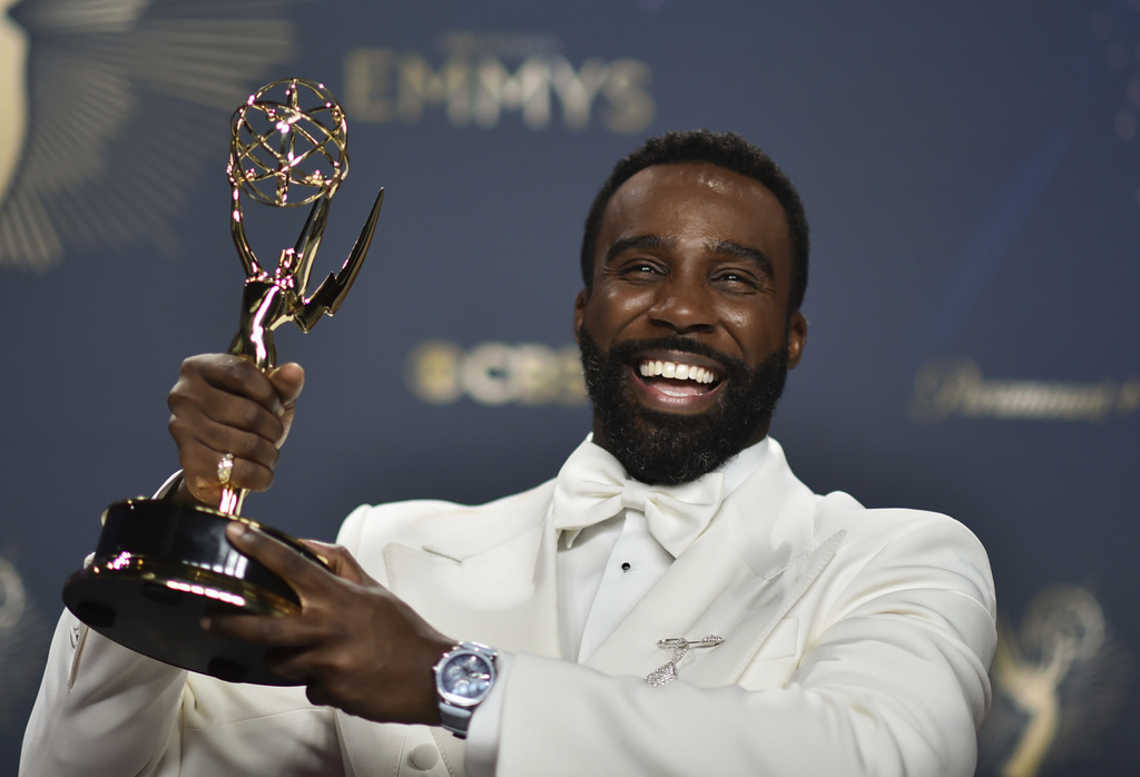 Tramell Tillman, winner of the award for outstanding supporting actor in a drama series for "Severance," poses in the press room during the 77th Primetime Emmy Awards on Sunday, Sept. 14, 2025, at the Peacock Theater in Los Angeles. (Photo by Richard Shotwell/Invision/AP)