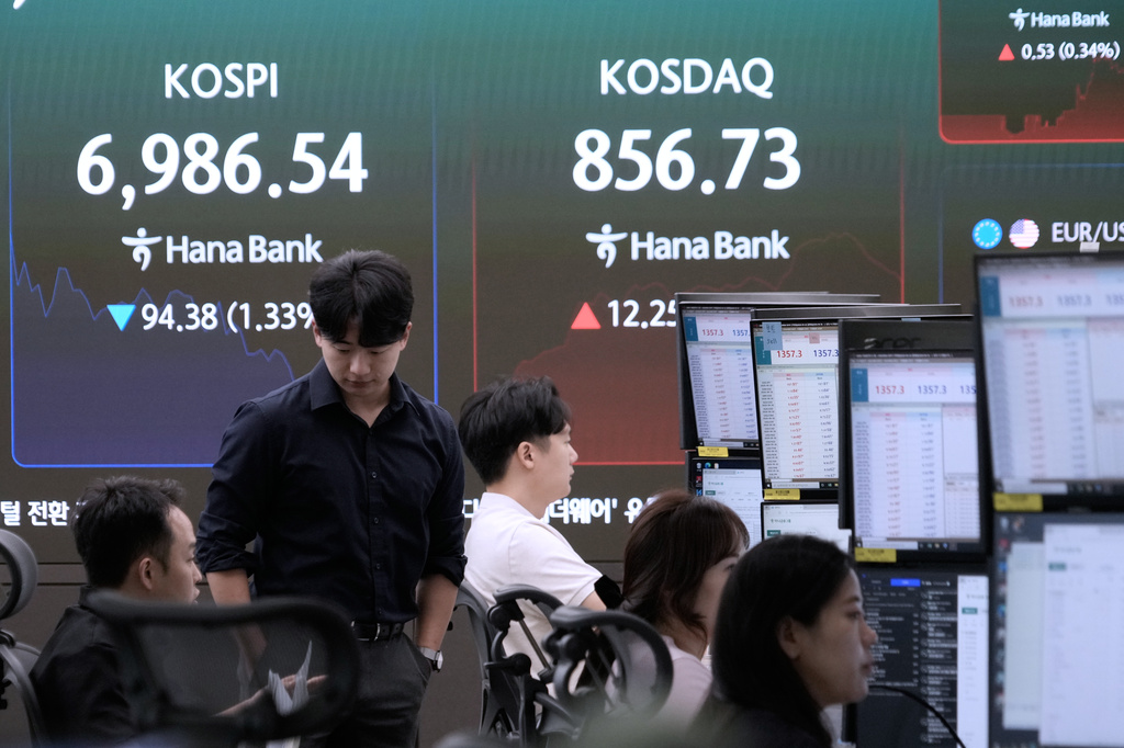 Currency traders work near a screen showing the Korea Composite Stock Price Index (KOSPI) at the foreign exchange dealing room of the Hana Bank headquarters in Seoul, South Korea, Monday, Sept. 28, 2026. (AP Photo/Ahn Young-joon)