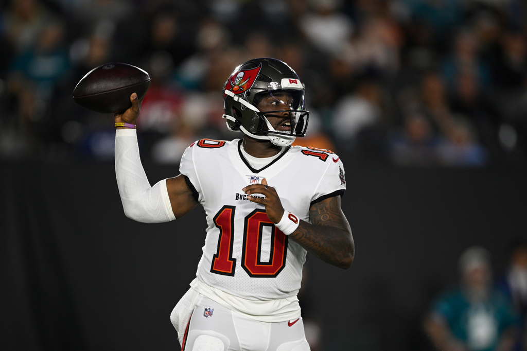 Tampa Bay Buccaneers quarterback Jalon Daniels (10) looks to pass the ball during the first half of an NFL preseason football game against the Jacksonville Jaguars, Friday, Aug. 28, 2026, in Jacksonville, Fla. (AP Photo/Phelan M. Ebenhack)