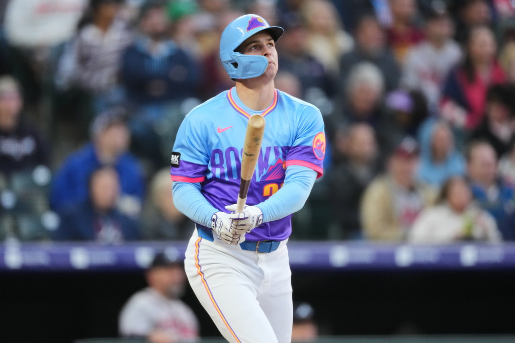 Colorado Rockies' Mickey Moniak follows the flight of his solo home run off Atlanta Braves starting pitcher Grant Holmes in the second inning of a baseball game Friday, May 1, 2026, in Denver. (AP Photo/David Zalubowski)
