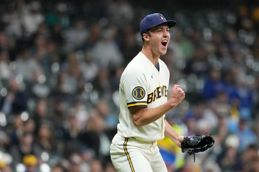 Milwaukee Brewers' Jacob Misiorowski reacts after striking out San Diego Padres' Nick Castellanos during the seventh inning of a baseball game, Wednesday, May 13, 2026, in Milwaukee. (AP Photo/Aaron Gash)