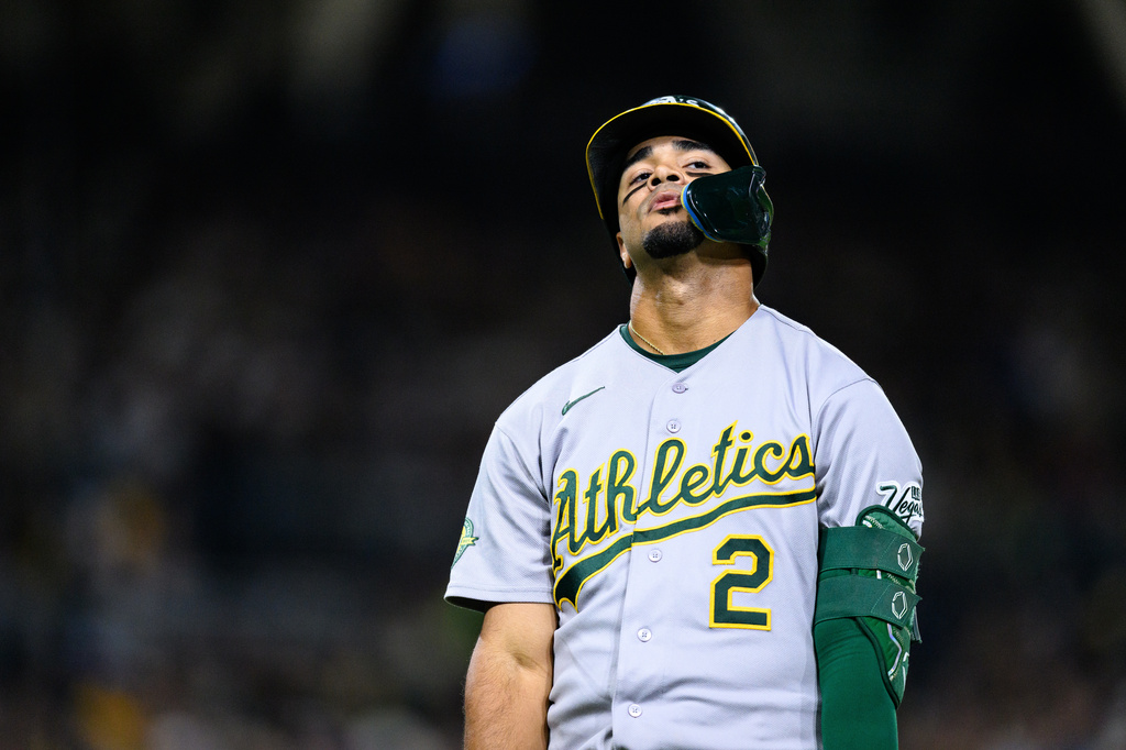 Athletics' Darell Hernaiz reacts after hitting a flyout during the seventh inning of a baseball game against the San Diego Padres, Saturday, May 23, 2026, in San Diego. (AP Photo/William Liang)