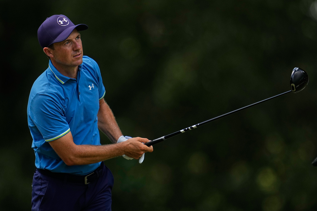 Jordan Spieth watches his tee shot on the seventh hole during the third round of the St. Jude Championship golf tournament Saturday, Aug. 15, 2026, in Memphis, Tenn. (AP Photo/George Walker IV)
