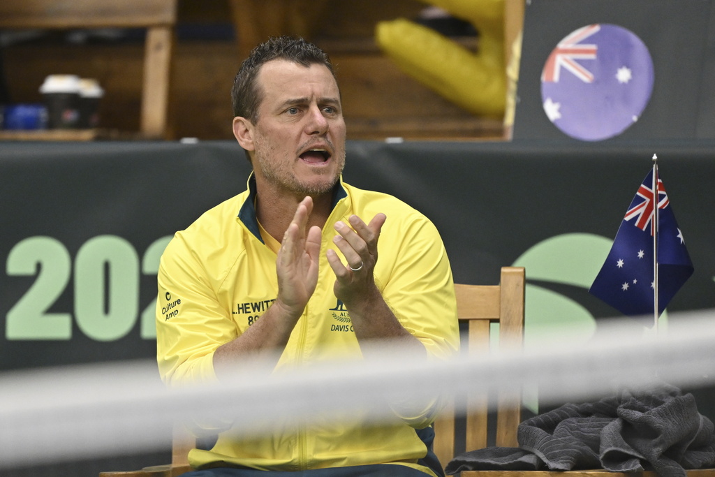 FILE - Australia team captain Lleyton Hewitt during the doubles Davis Cup tennis match between Sweden and Australia at the Royal Tennis Hall in Stockholm, Saturday Feb. 1, 2025. (Jonas Ekströmer/News Agency via AP, File)
