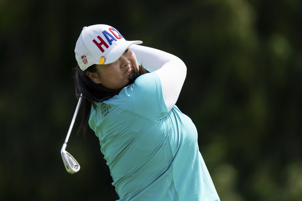 Angel Yin, of the United States, hits off the second tee during the first round of the LPGA Portland Classic golf tournament at Columbia Edgewater in Portland, Ore., Thursday, Aug. 14, 2025. (AP Photo/Ali Gradischer)