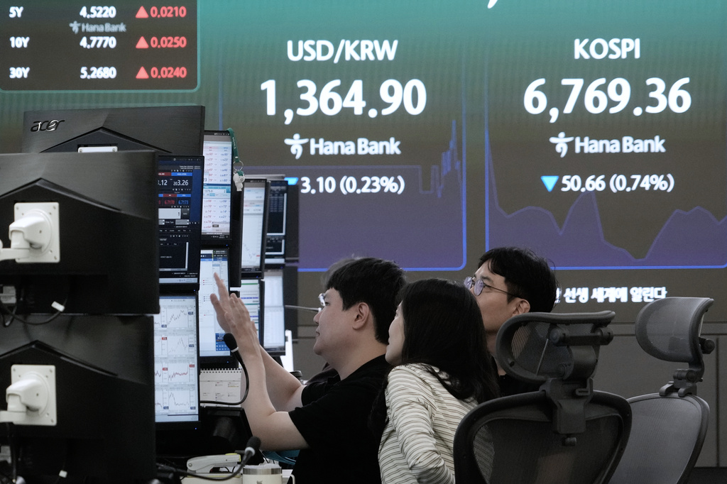 Currency traders watch monitors near a screen showing the Korea Composite Stock Price Index (KOSPI) and the foreign exchange rate between U.S. dollar and South Korean won at the foreign exchange dealing room of the Hana Bank headquarters in Seoul, South Korea, Tuesday, Sept. 1, 2026. (AP Photo/Ahn Young-joon)