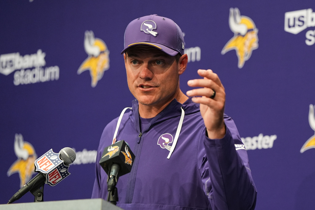 Minnesota Vikings head coach Kevin O'Connell responds to a question during a news conference after an NFL football game against the Green Bay Packers, Sunday, Sept. 13, 2026, in Minneapolis, Minn. (AP Photo/Abbie Parr)