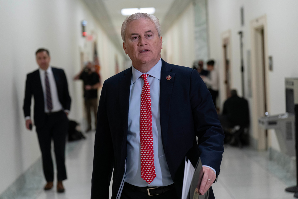 House Oversight Committee Chairman James Comer, R-Ky., walks to talk to the press as he arrives for Darren K. Indyke deposition before the House Oversight Committee on Capitol Hill, Thursday, March 19, 2026, in Washington. (AP Photo/Jose Luis Magana)