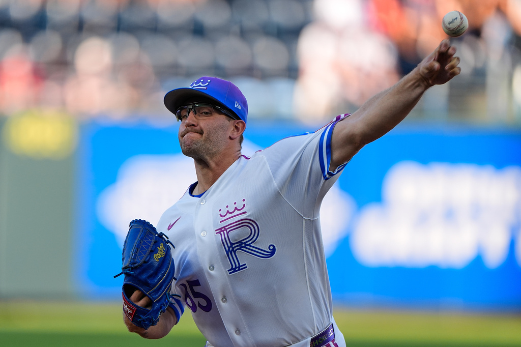 Kansas City Royals starting pitcher Noah Cameron throws during the first inning of a baseball game against the Los Angeles Angels, Friday, April 24, 2026, in Kansas City, Mo. (AP Photo/Charlie Riedel)