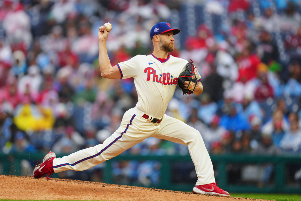 Philadelphia Phillies pitcher Zack Wheeler throws during the second inning of a baseball game against the Cleveland Guardians, Saturday, May 23, 2026, in Philadelphia. (AP Photo/Derik Hamilton)