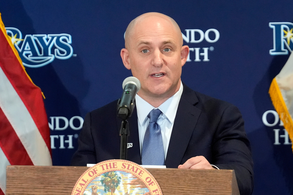 Tampa Bay Rays CEO Ken Babby speaks during a new baseball stadium news conference at Hillsborough College, Tuesday, Feb. 3, 2026, in Tampa, Fla. (AP Photo/Chris O'Meara)