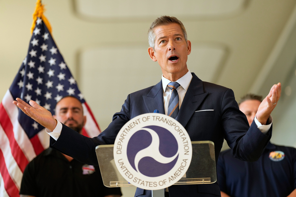 FILE - United States Secretary of Transportation Sean Duffy speaks during a news conference at LaGuardia Airport in New York, Oct. 28, 2025. (AP Photo/Seth Wenig, File)