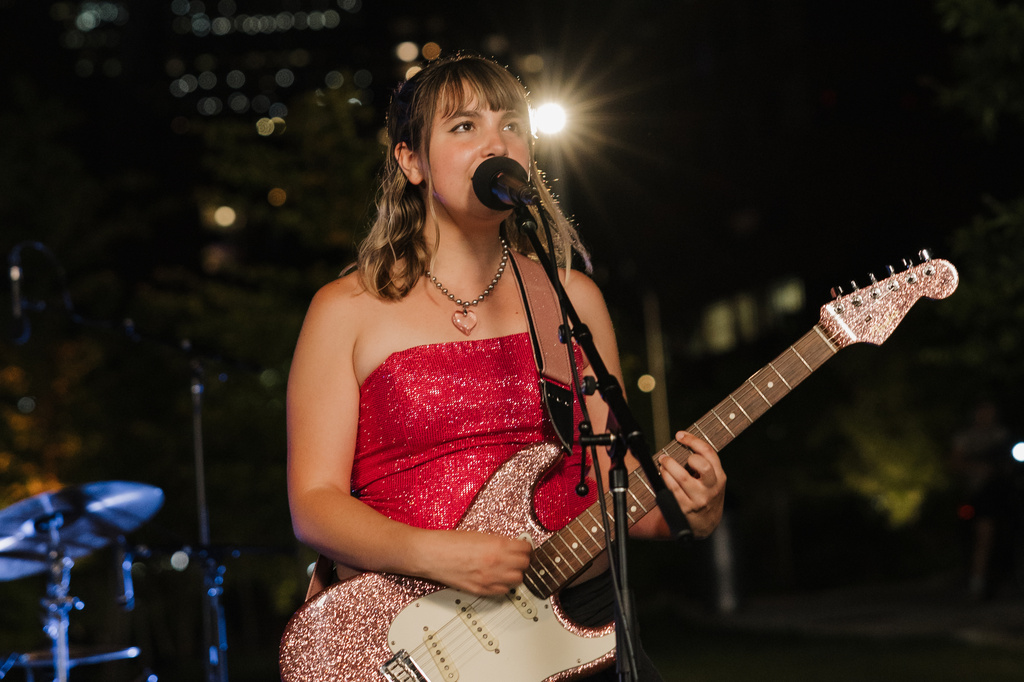 Singer Lili Trifilio performs with her band Beach Bunny during the premiere episode of “Outside Tonight With Julian Shapiro-Barnum” in New York on June 11, 2026. (Laurel Hinton via AP)