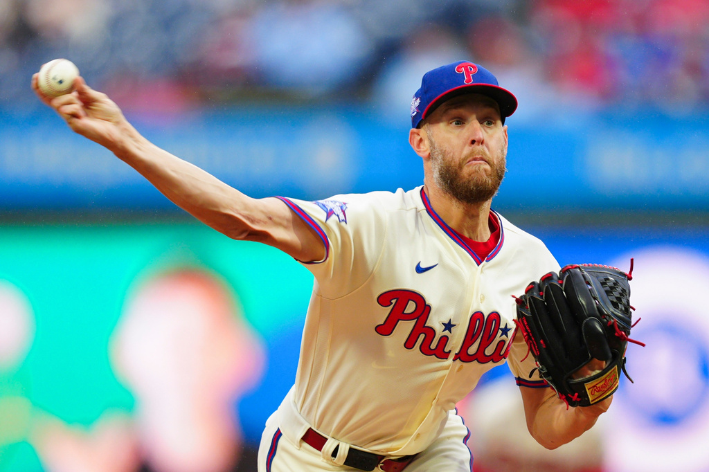 Philadelphia Phillies pitcher Zack Wheeler throws during the first inning of a baseball game against the Cleveland Guardians, Saturday, May 23, 2026, in Philadelphia. (AP Photo/Derik Hamilton)
