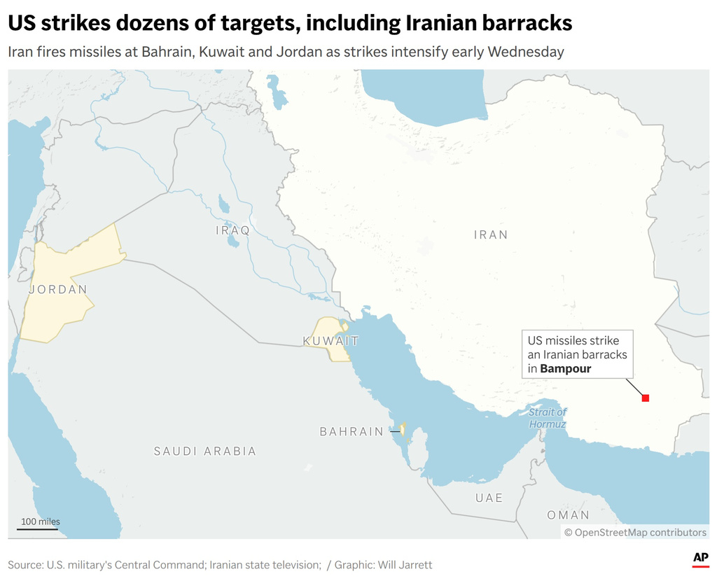 Map showing the location of recent strikes in Iran and the surrounding area. (AP Digital Embed)